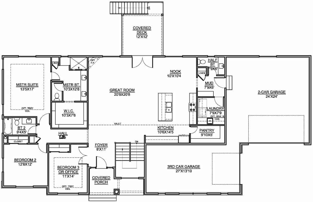 Floor Plan Main Level of Craftsman Plan #208-1015