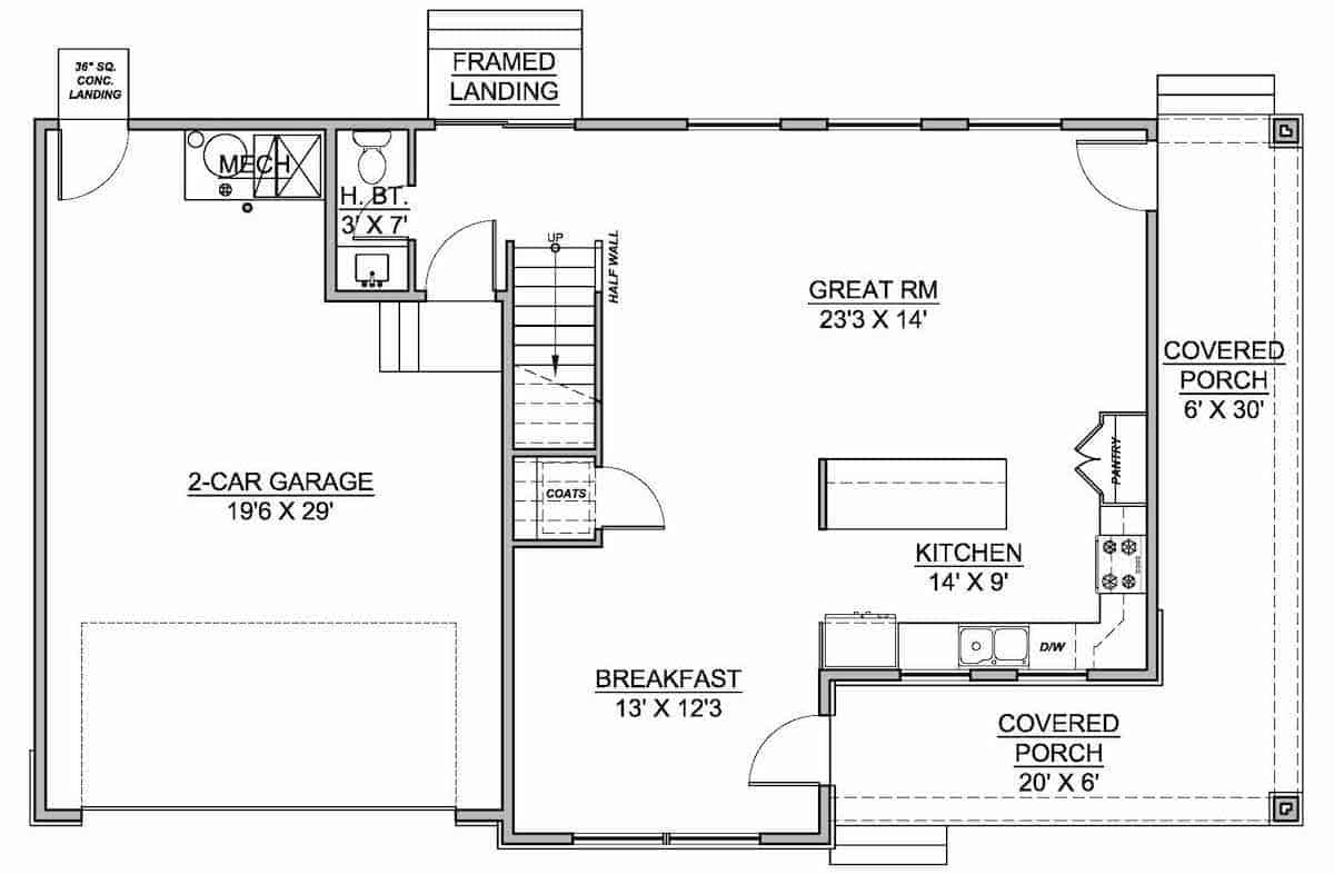 Floor Plan Main Level of Farmhouse Plan #208-1016