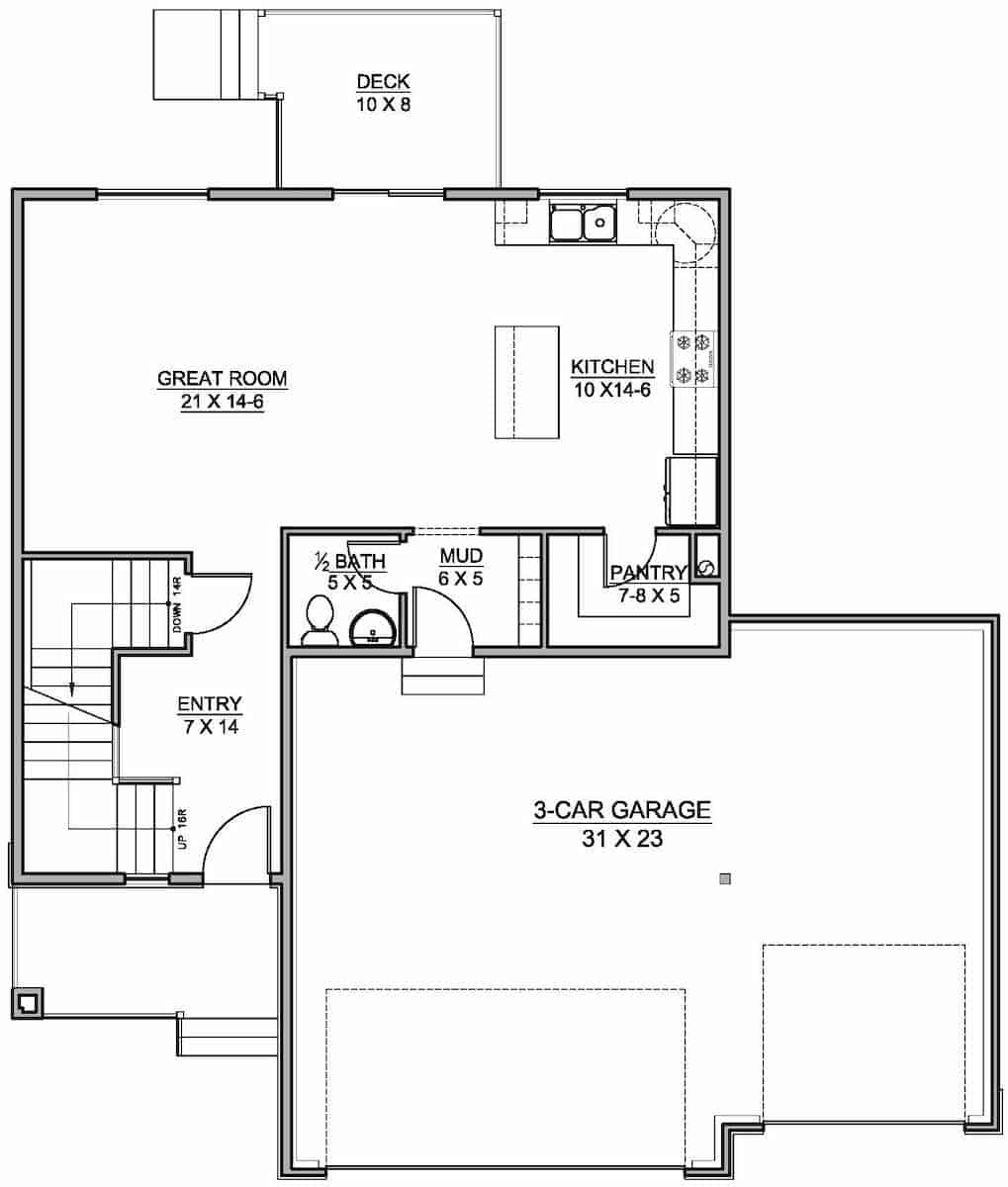 Floor Plan Main Level of Farmhouse Plan #208-1020