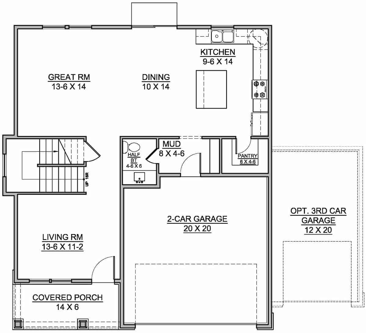 Floor Plan Main Level of Farmhouse Plan #208-1022