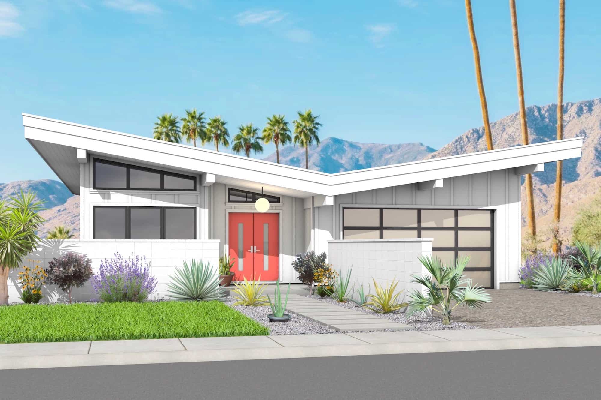 Front elevation of Mid-Century Modern home (ThePlanCollection: House Plan #211-1041)