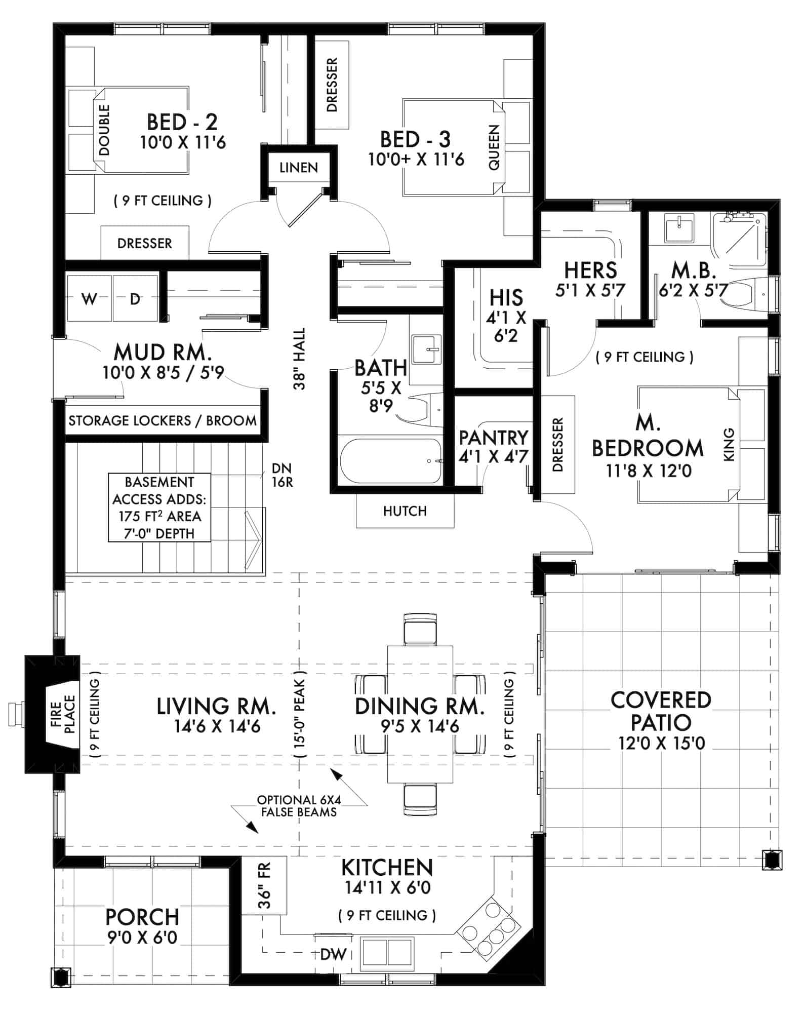 Main Level of Cottage Plan #211-1051