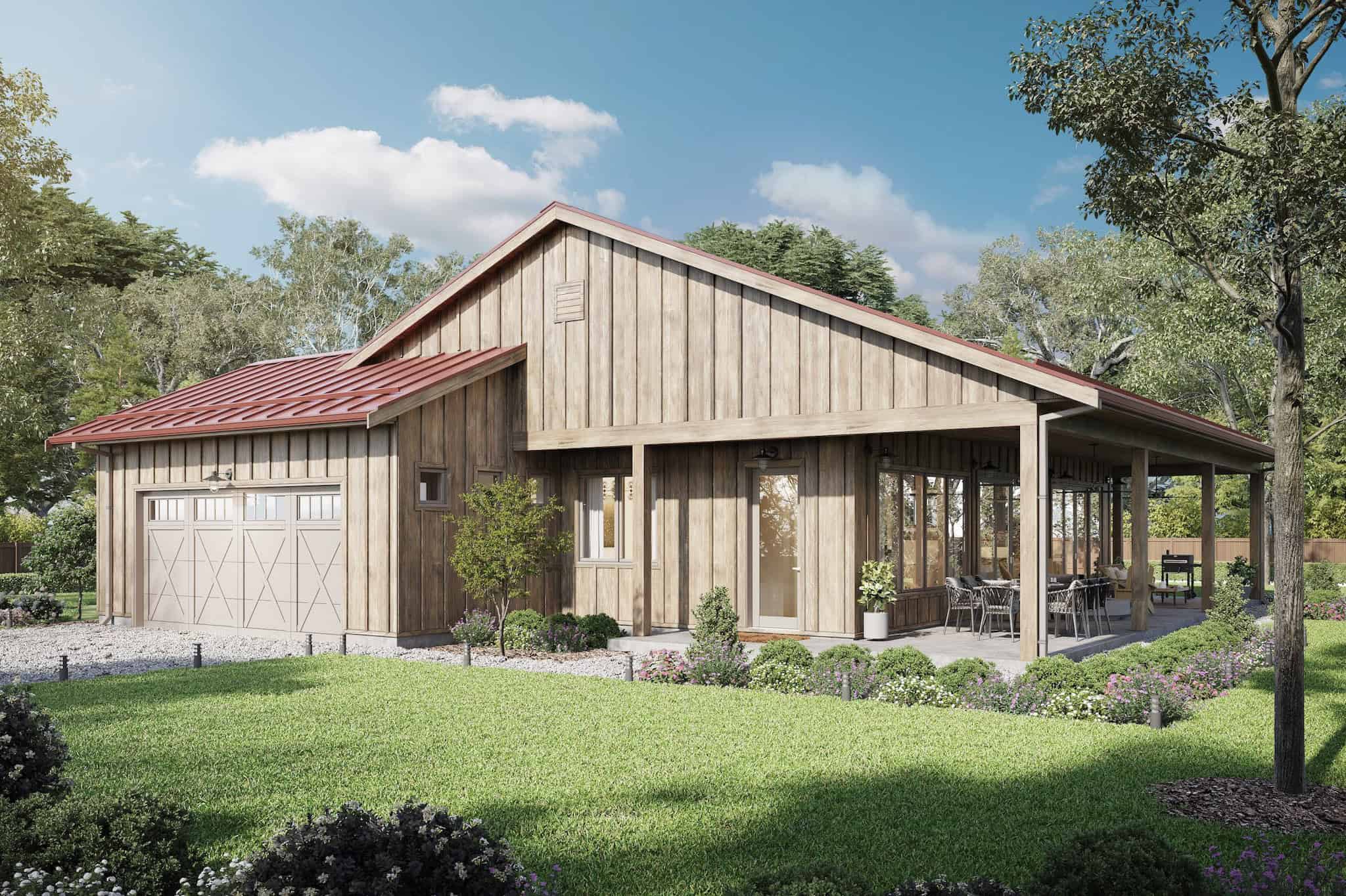 Front elevation of Barndominium home (ThePlanCollection: House Plan #211-1078)
