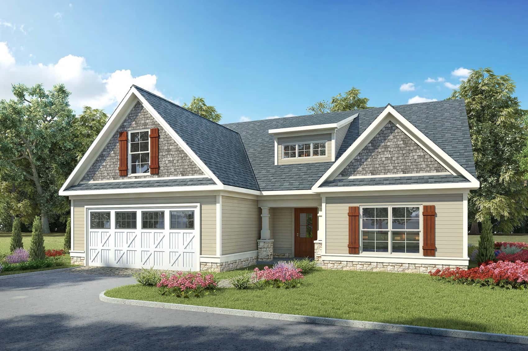 Front elevation of Craftsman home (ThePlanCollection: House Plan #213-1001)