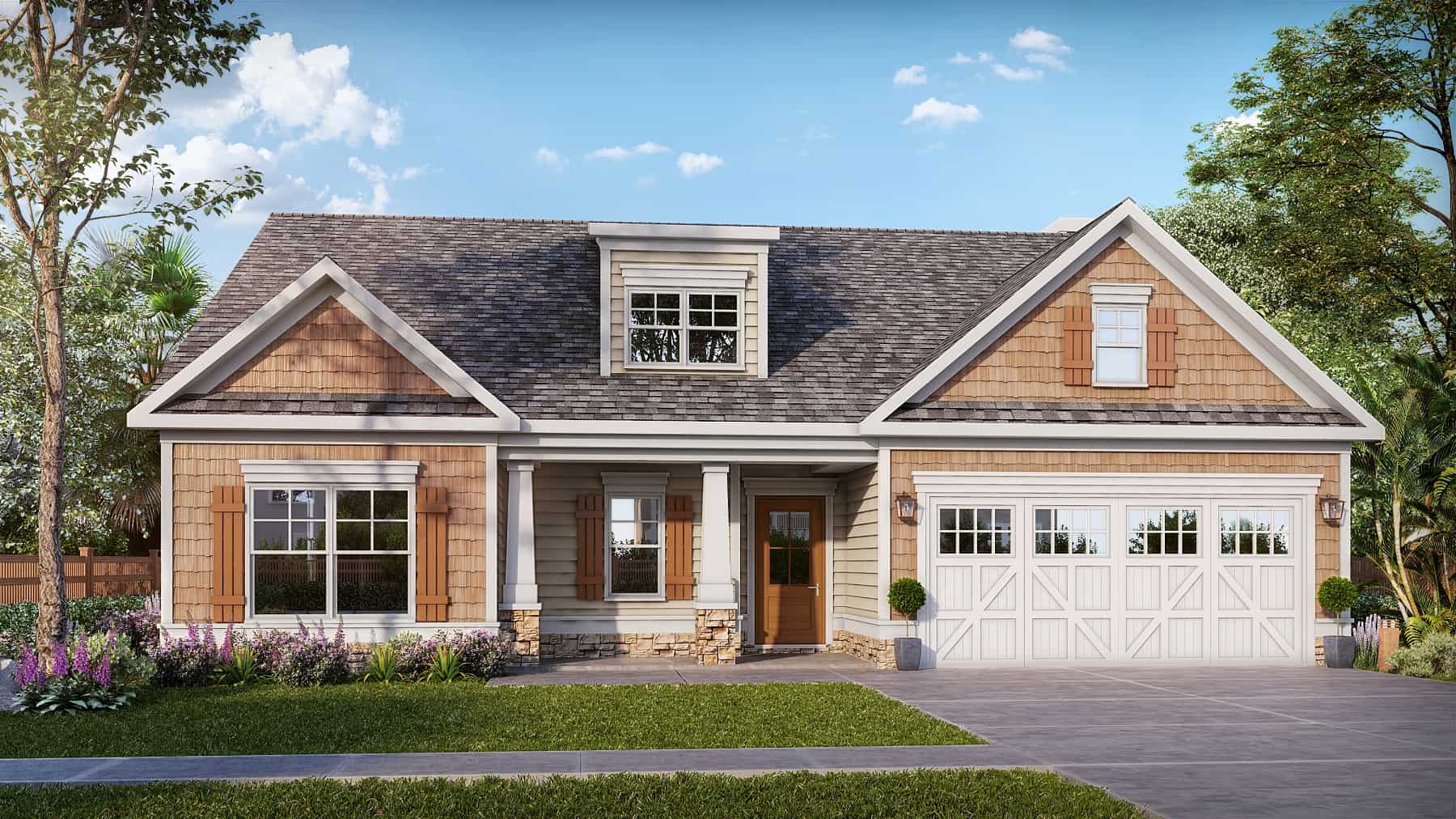 Front elevation of Craftsman home (ThePlanCollection: House Plan #213-1002)