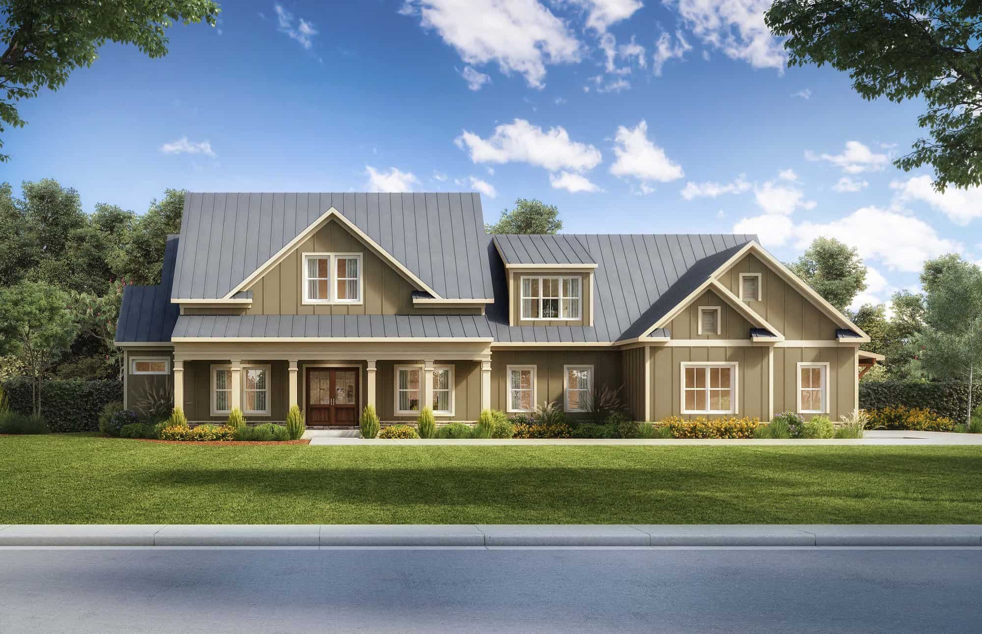 Front elevation of Craftsman home (ThePlanCollection: House Plan #213-1003)