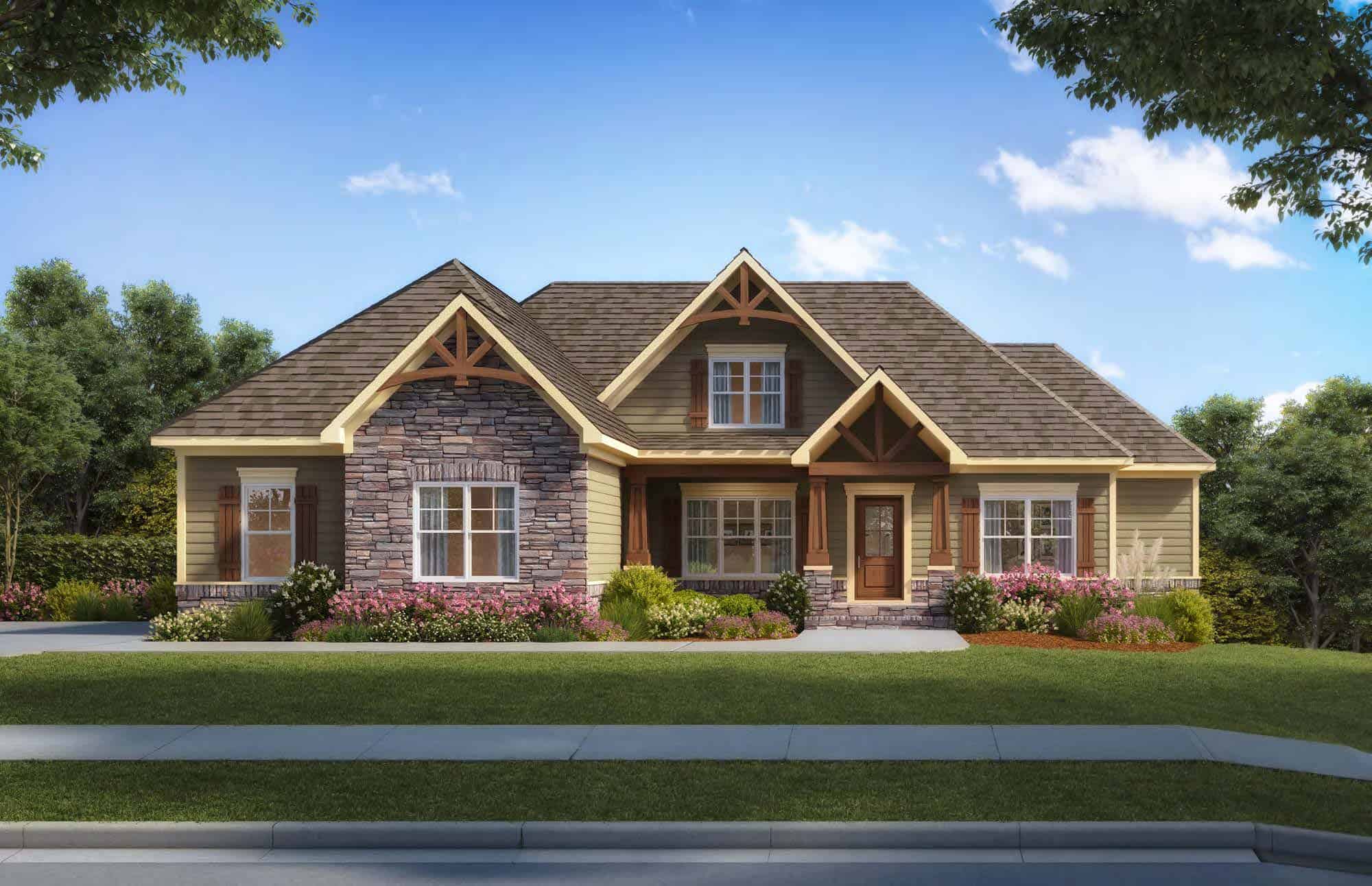 Front elevation of Craftsman home (ThePlanCollection: House Plan #213-1006)