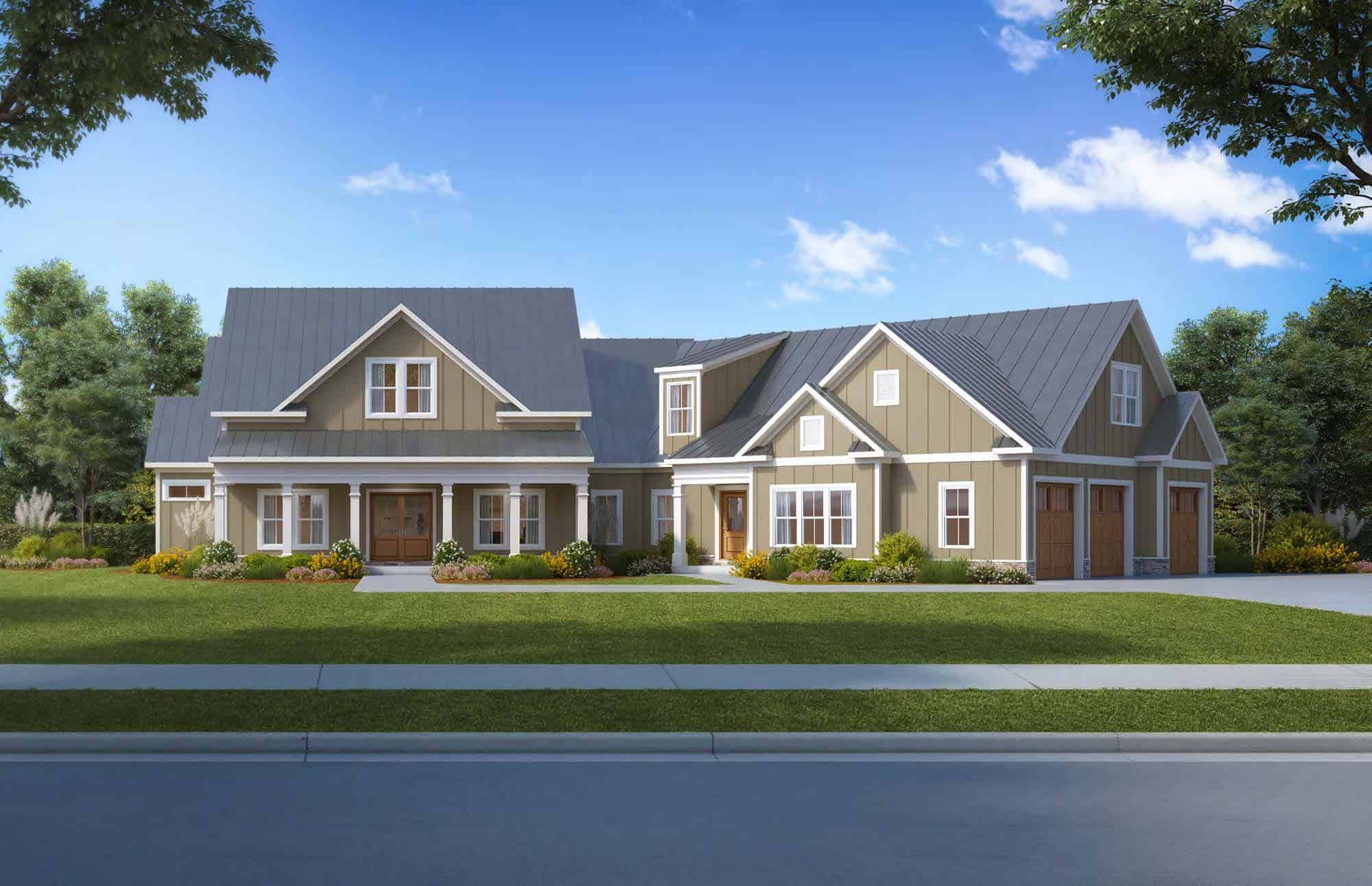 Front elevation of Craftsman home (ThePlanCollection: House Plan #213-1007)