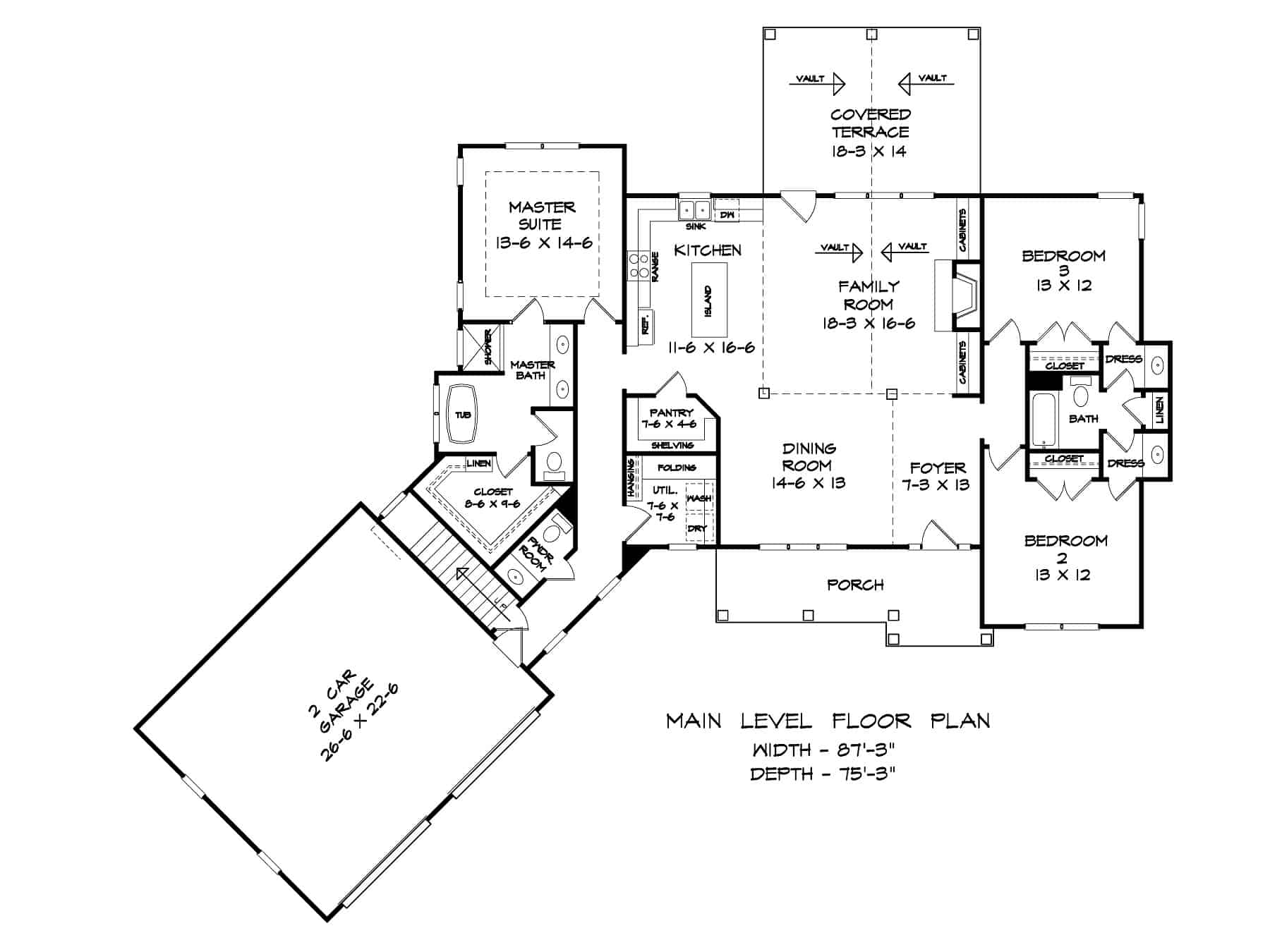 Main Level of Craftsman Plan #213-1010
