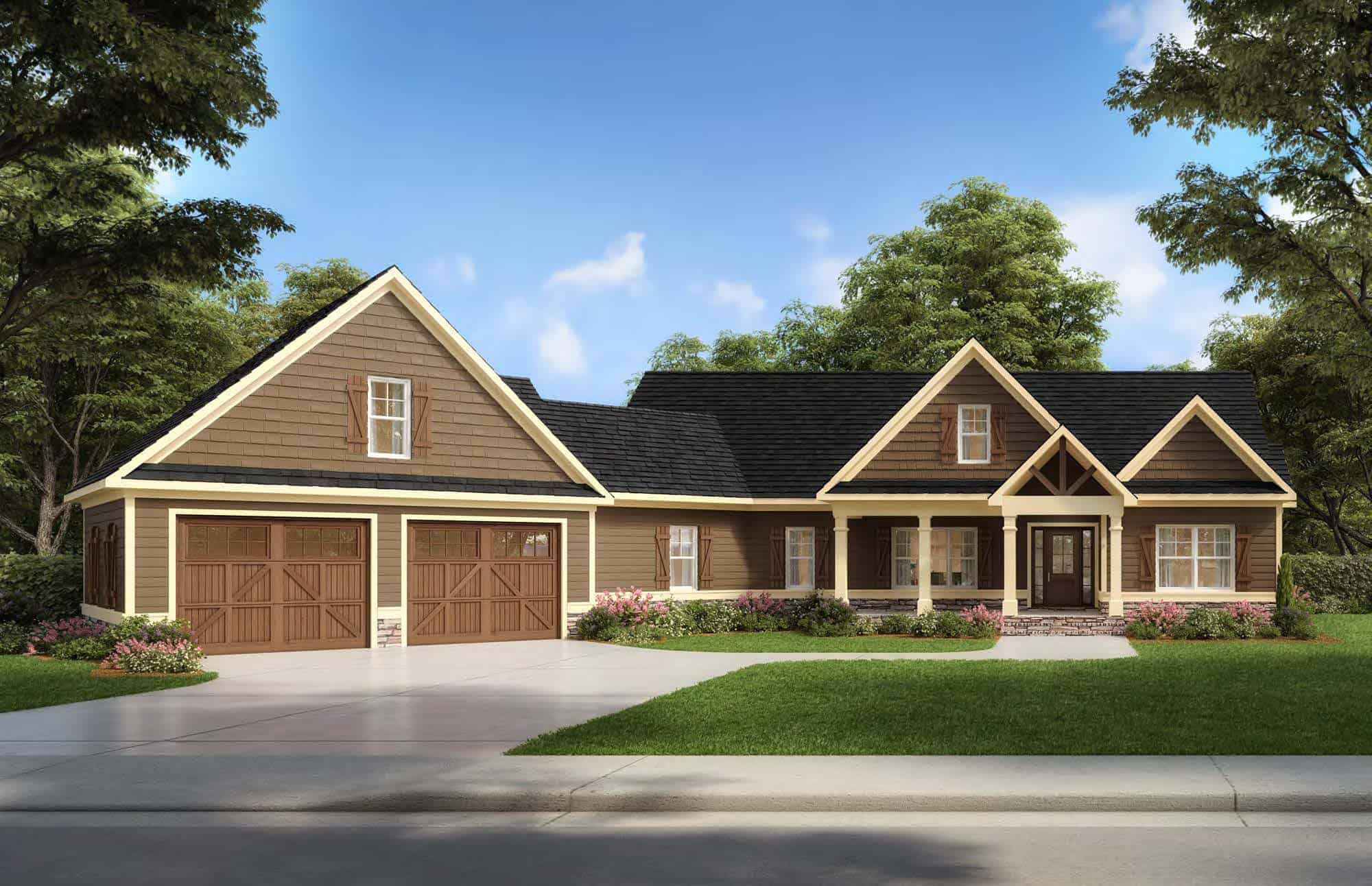 Front elevation of Craftsman home (ThePlanCollection: House Plan #213-1010)