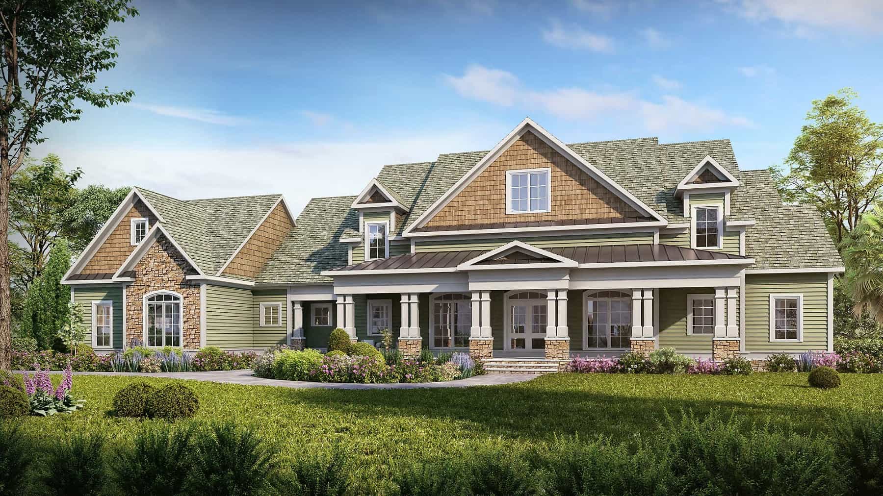 Front elevation of Craftsman home (ThePlanCollection: House Plan #213-1012)