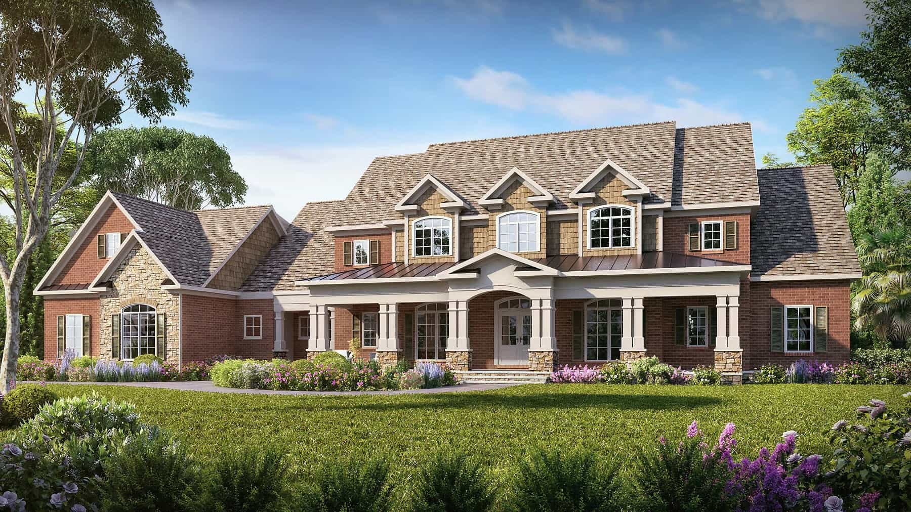 Front elevation of Craftsman home (ThePlanCollection: House Plan #213-1013)