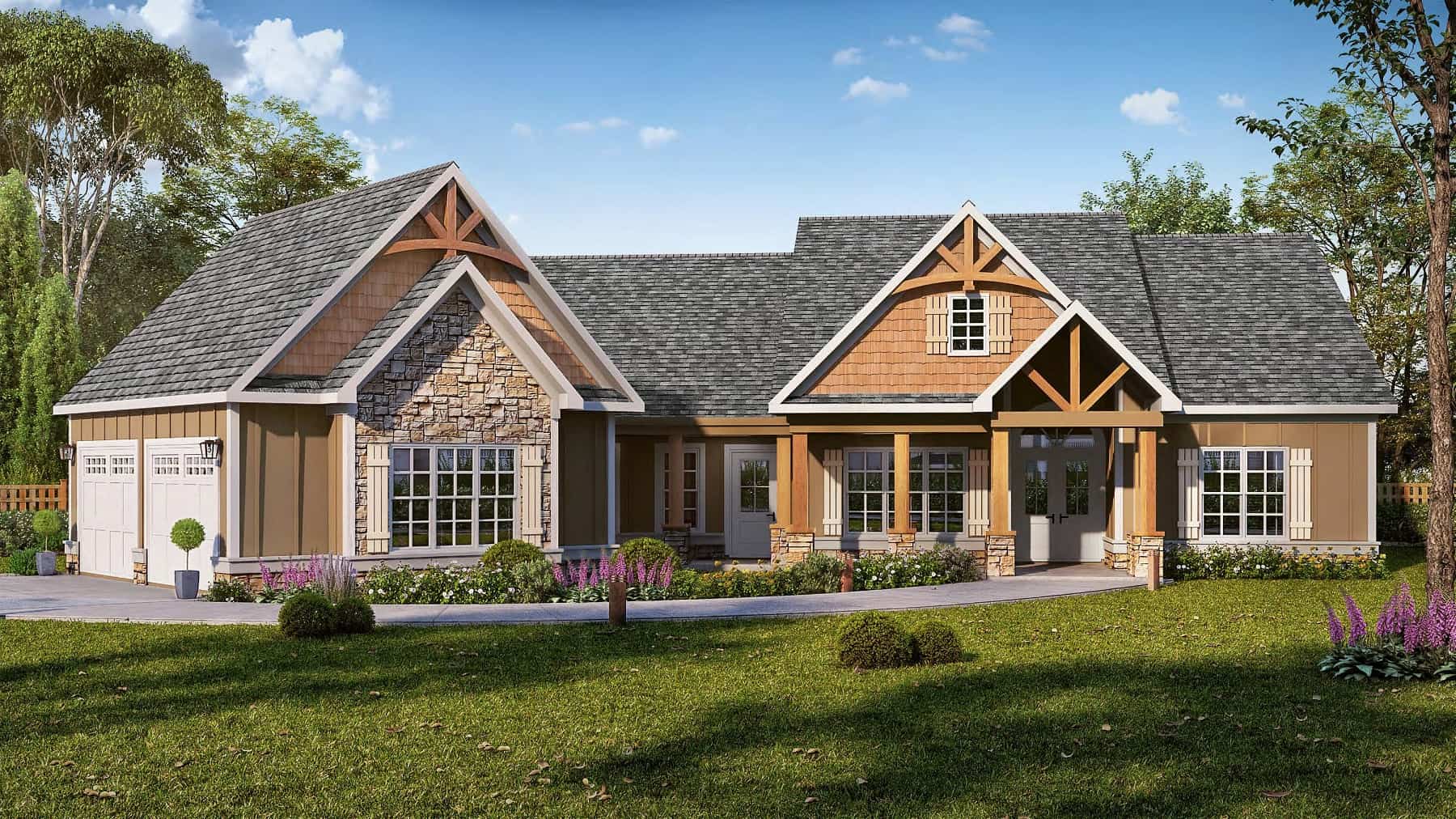 Front elevation of Craftsman home (ThePlanCollection: House Plan #213-1014)