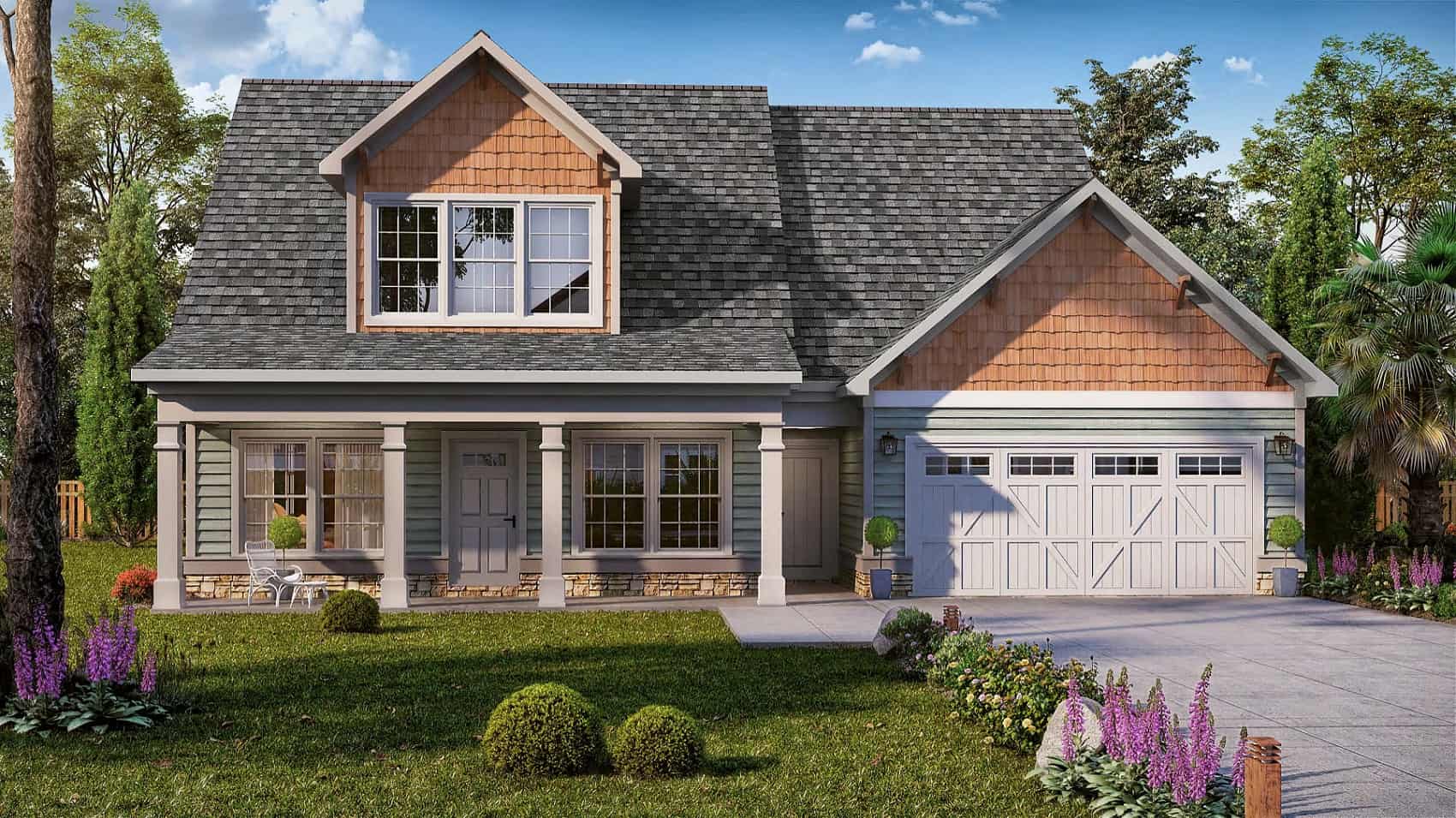 Front elevation of Craftsman home (ThePlanCollection: House Plan #213-1016)
