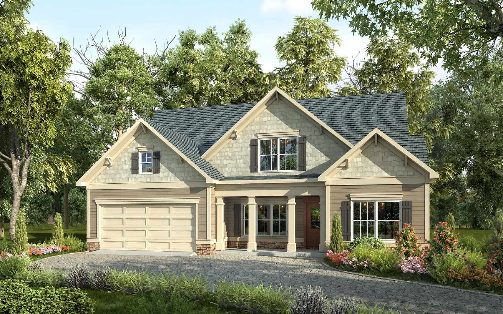 Front elevation of Craftsman home (ThePlanCollection: House Plan #213-1017)