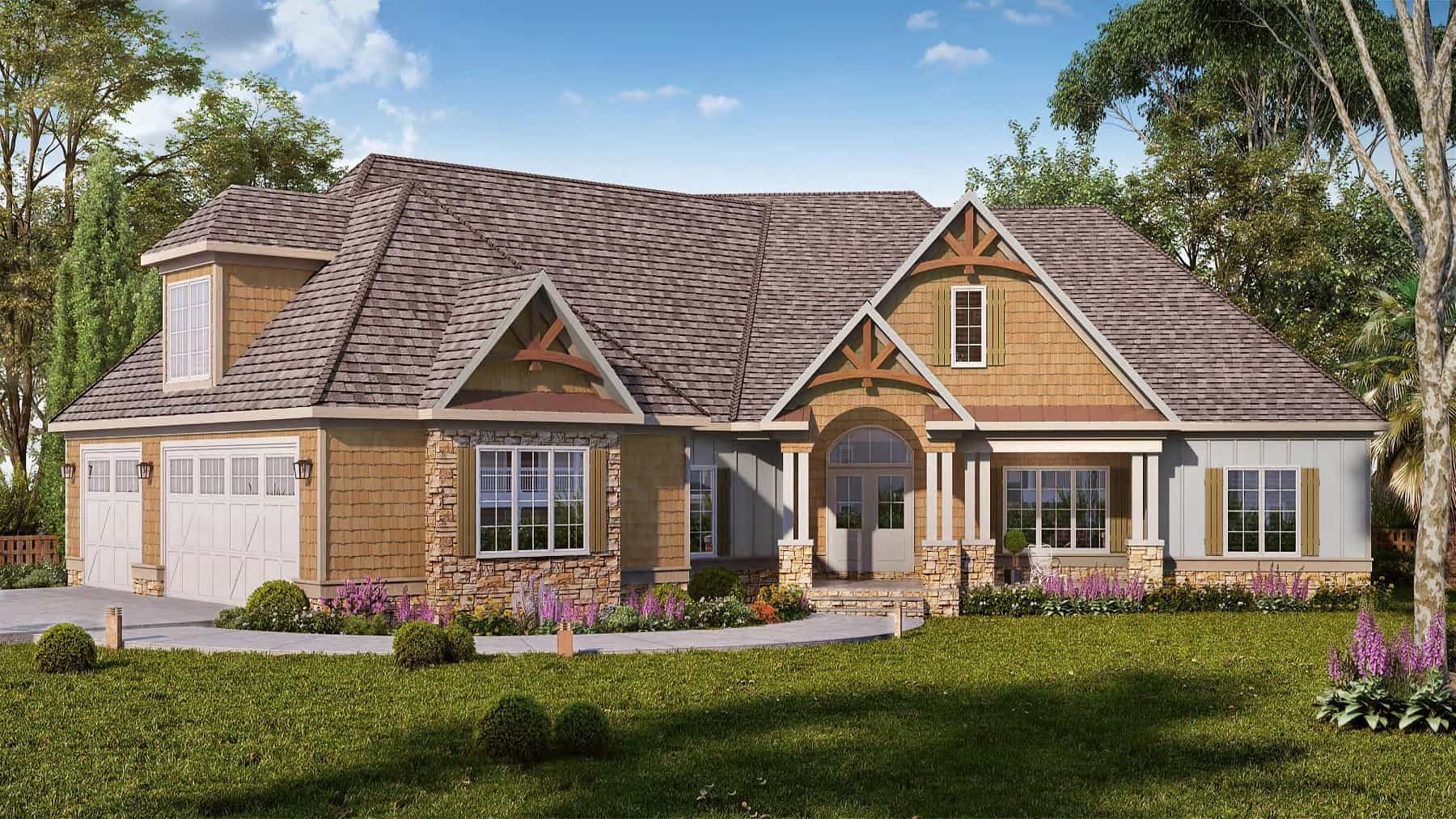 Front elevation of Craftsman home (ThePlanCollection: House Plan #213-1022)