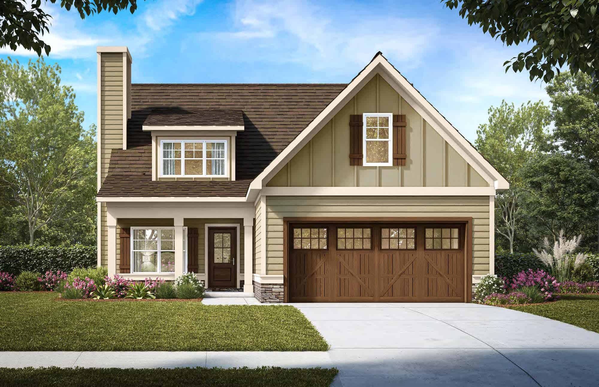 Front elevation of Craftsman home (ThePlanCollection: House Plan #213-1023)