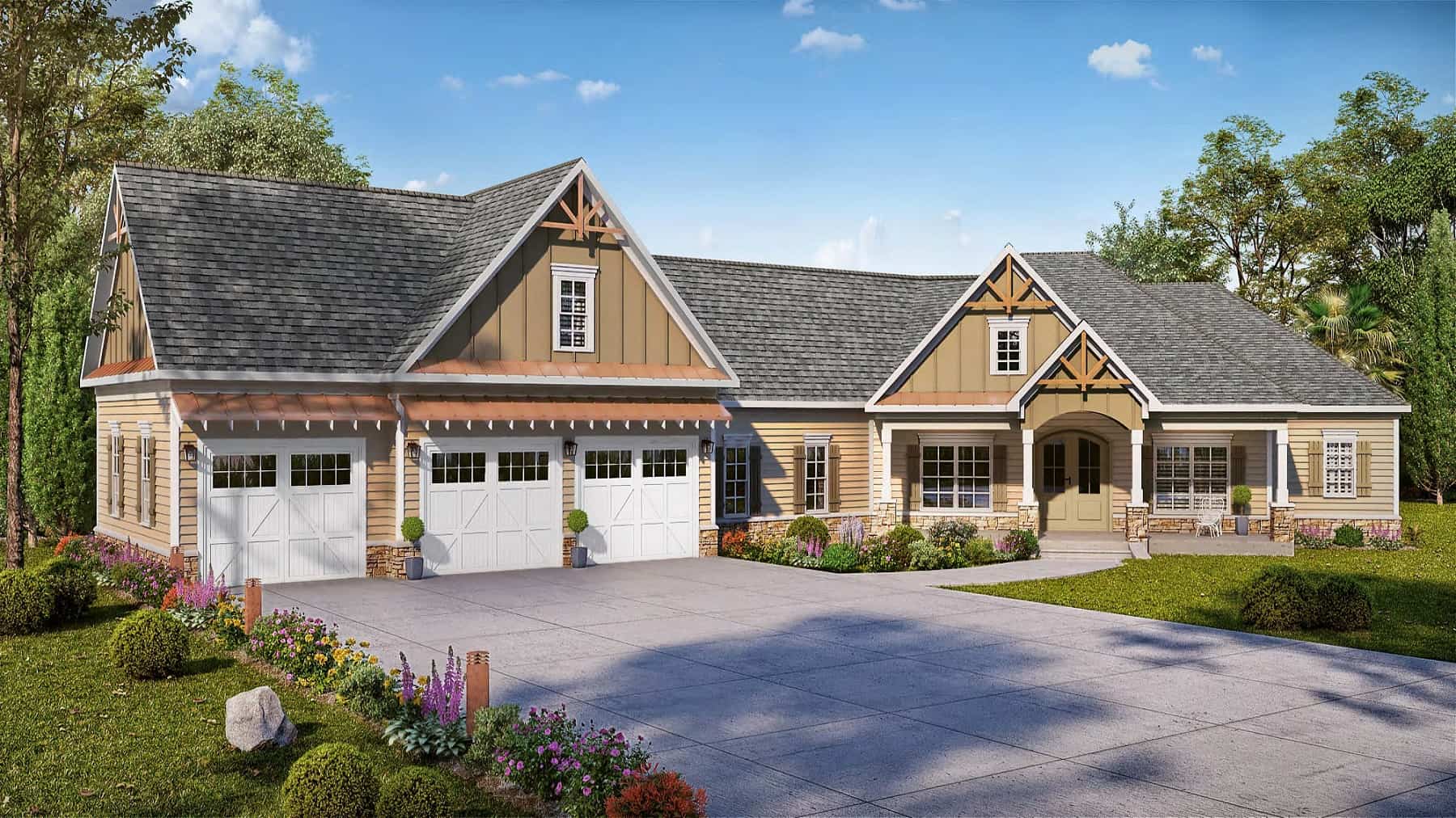 Front elevation of Craftsman home (ThePlanCollection: House Plan #213-1024)
