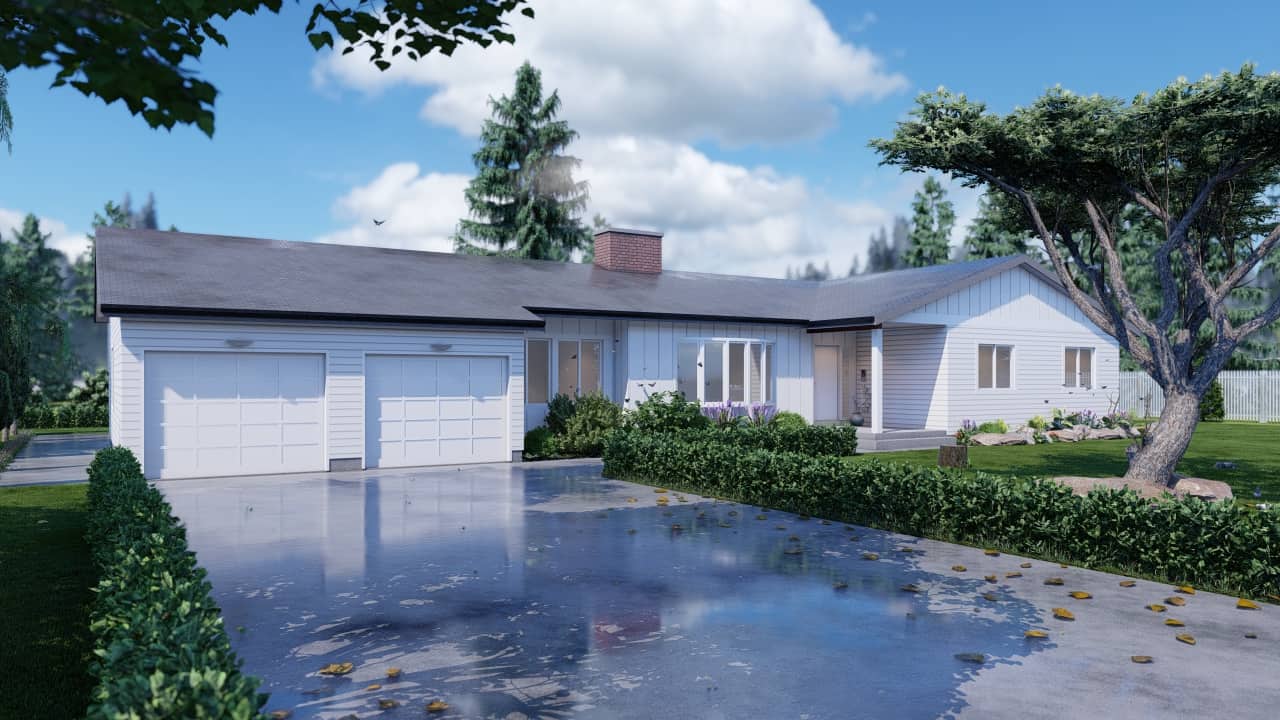 Front elevation of Ranch home (ThePlanCollection: House Plan #215-1000)