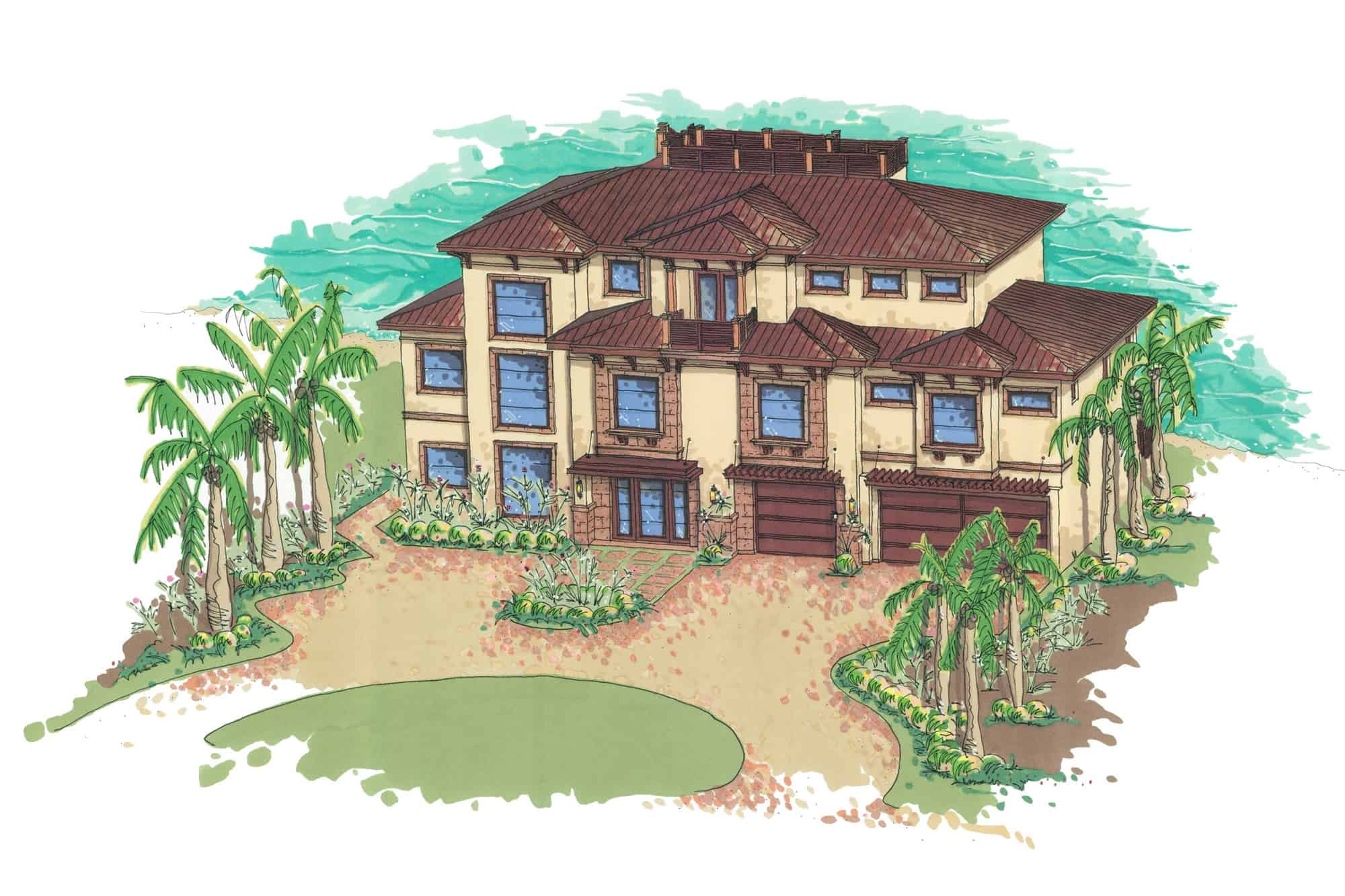 Front elevation of Tuscan home (ThePlanCollection: House Plan #219-1007)