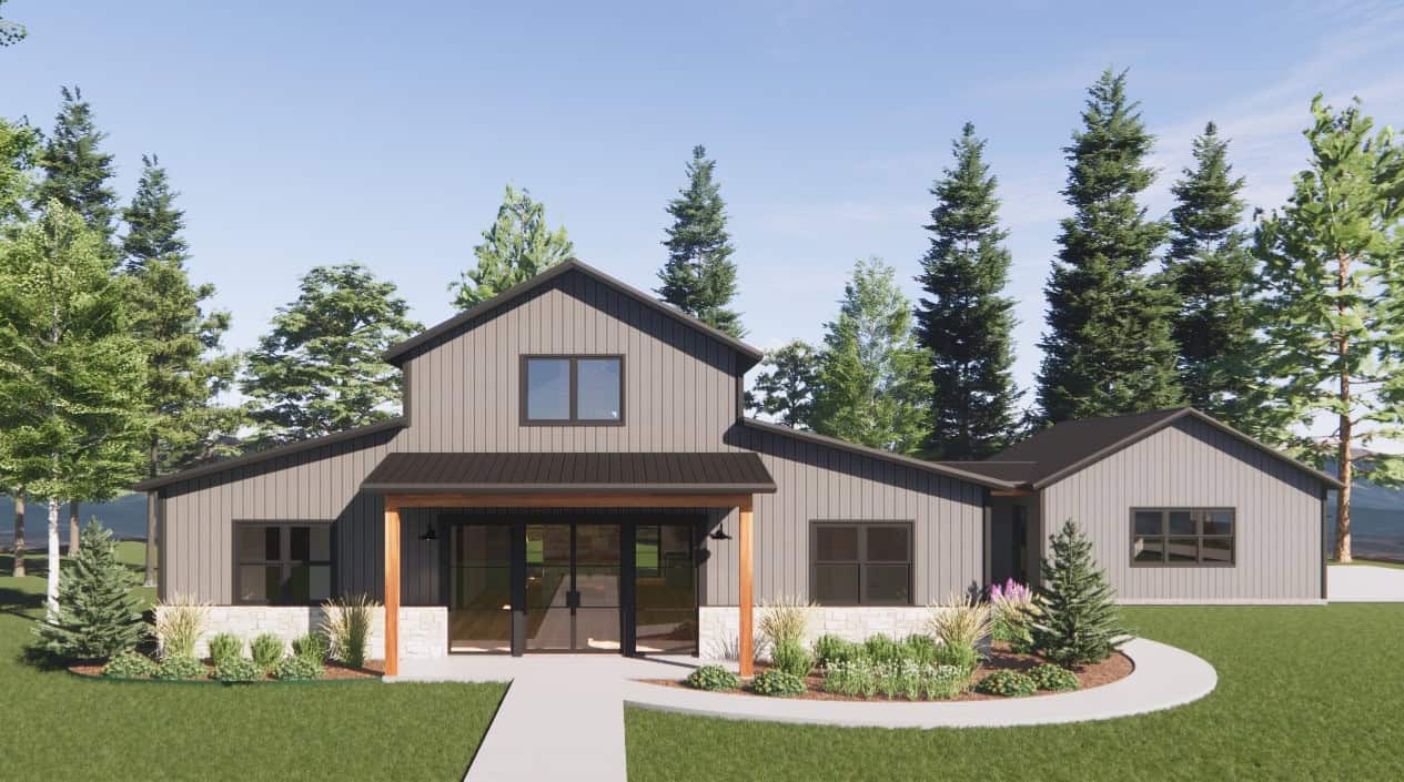 Front elevation of Barndominium home (ThePlanCollection: House Plan #220-1001)