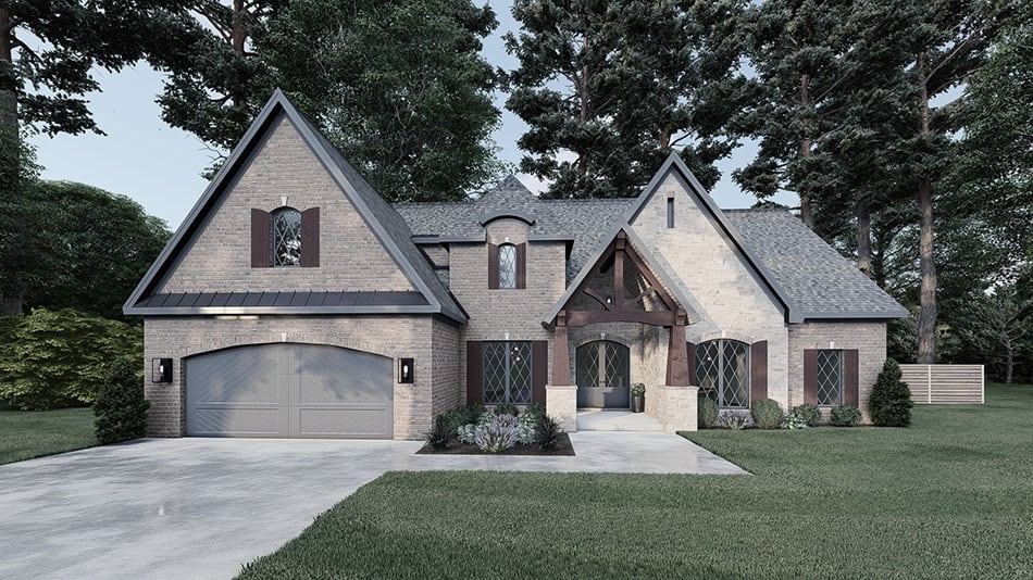 Front elevation of European home (ThePlanCollection: House Plan #221-1002)
